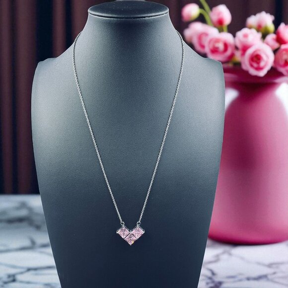 Pink Heart Crystal Necklace Dainty Minimalist Pendant Silver Tone Chain Gift NWT - Picture 1 of 7